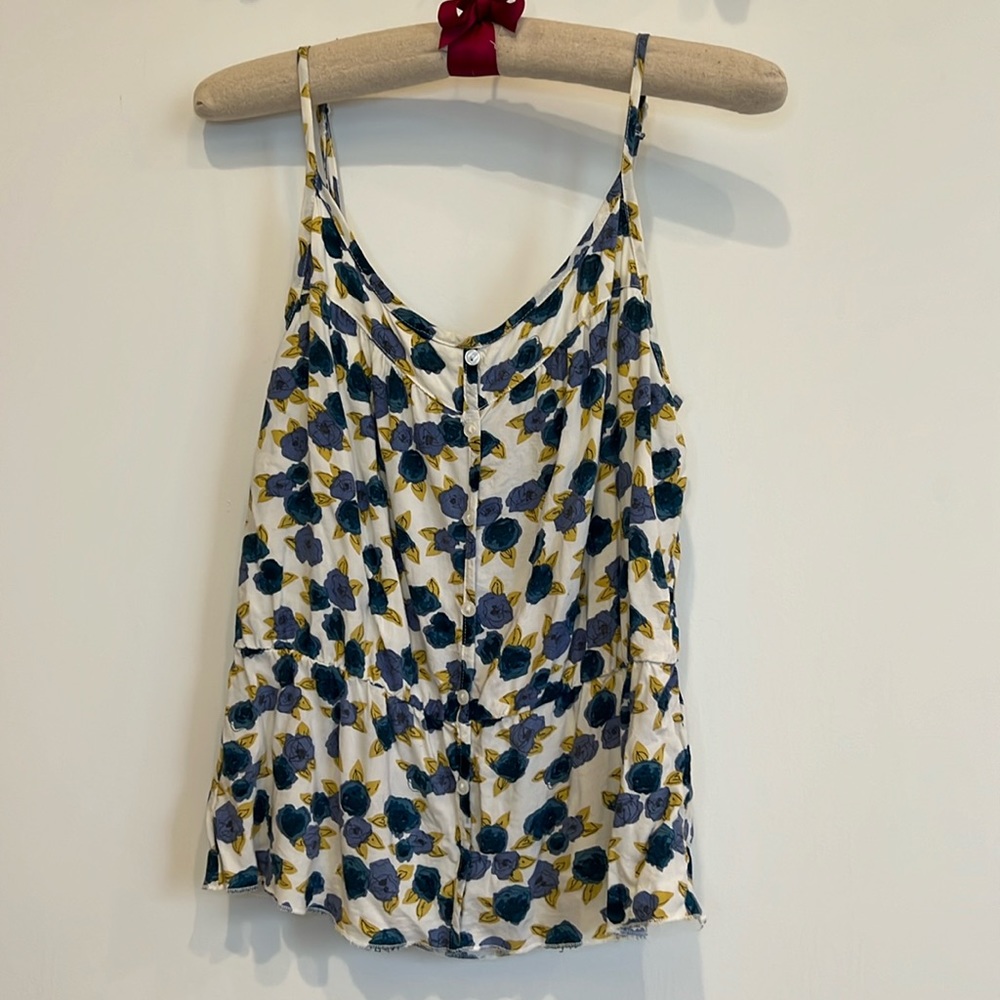 Blue flower print spaghetti strap button down top